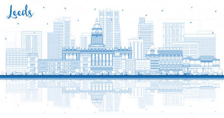 Wall Mural - Outline Leeds UK City Skyline with Blue Buildings and reflections. Leeds Yorkshire Cityscape with Landmarks. Business Travel and Tourism Concept with Historic Architecture.