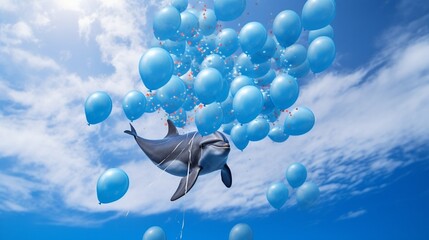 Wall Mural - Playful dolphins leaping out of the water through a hoop of floating balloons in the ocean.