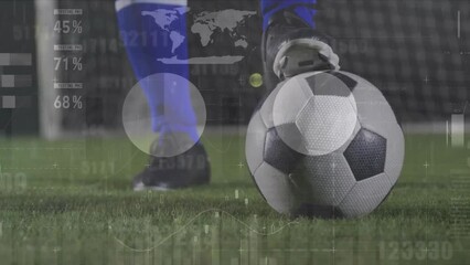 Wall Mural - animation of financial data processing over african american male football player