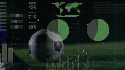 Wall Mural - animation of financial data processing over football player kicking ball
