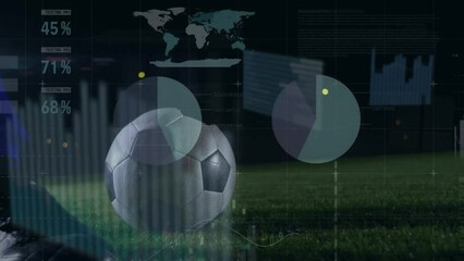 Wall Mural - animation of financial data processing over football player kicking ball
