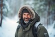 Portrait of a smiling man in the winter forest with snow.