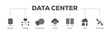 Data center infographic icon flow process which consists of database, network, data security, server, backup, cloud and technology icon live stroke and easy to edit 