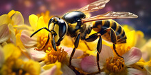 Yellow Black Bee With Thin Legs On Yellow Bee Flower Created,,
A Bee Is On A Flower With A Yellow And Black Pattern Generative Ai