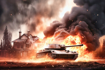 Wall Mural - War Concept. Tank attack on the city. Hostilities. A tank against the background of fire, smoke, explosions and a destroyed house. Battle in ruined city. Selective focus.