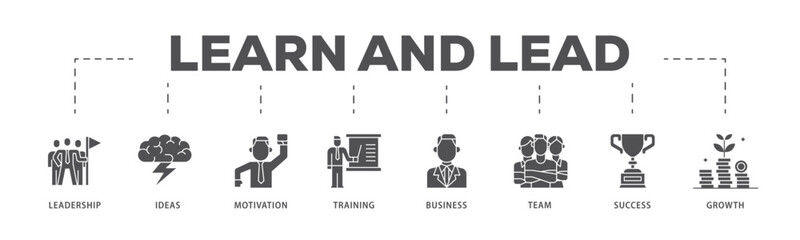 Learn and lead infographic icon flow process which consists of leadership, ideas, motivation, training, business, team, success, and growth icon live stroke and easy to edit 