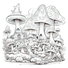 Poster - Mushroom Valley with Whimsical Creatures, on a coloring book style-generative ai