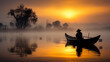 Beautiful Sunset Landscape with with a Silhouette of a Person in a Boat