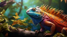 
Portrait Of A Colorful Iguana Sitting On A Branch