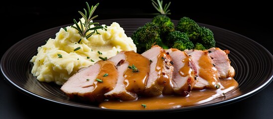 Poster - Smoked rosemary-covered pork tenderloin with mashed potatoes, bacon, and mustard sauce.