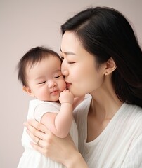 close up portrait of beautiful young asian mother kissing newborn baby with love
