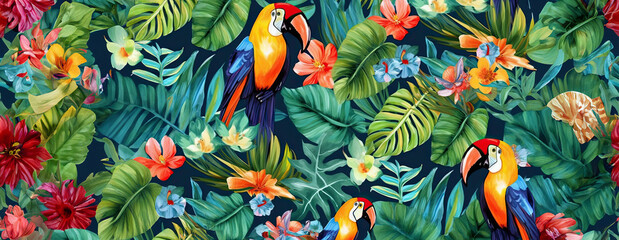 Tropical exotic pattern with animal and flowers in bright colors and lush vegetation. Ai Generative.