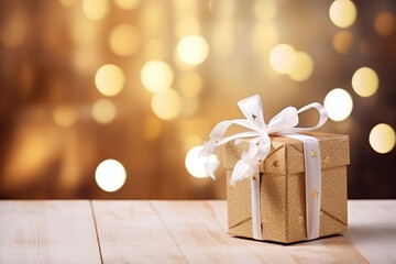 Christmas wooden table mockup with gifts, lights and bokeh background. Festive template banner with creative decoration and copy space.