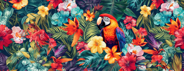 Tropical exotic pattern with animal and flowers in bright colors and lush vegetation. Ai Generative.