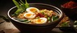 Hand-held bowl of Asian spicy instant noodle soup with bok choy and boiled egg.