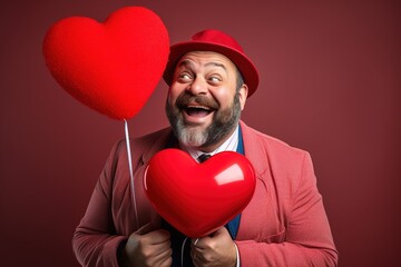 Portrait of a happy  man with a red heart  on Valentine's day concept.