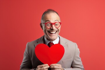 Portrait of a happy  man with a red heart  on Valentine's day concept.