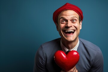 Portrait of a happy  man with a red heart  on Valentine's day concept.