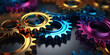 Vibrant Industry Image,Powerful Engine Images,Cogs in Process ,gears are arranged in a pile with a blue center.