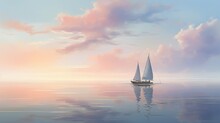 A Lone Sailboat Rests At Anchor, The Soft Pastel Colors Of The Sky Mirrored On The Calm Water, And Pelicans Gracefully Gliding Nearby.