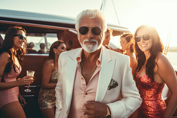 Wall Mural - Wealthy senior man at luxury yacht party, billionaire summer cruise vacation, with beautiful girls