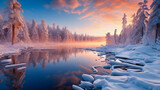 Fototapeta Most - Beautiful Winter Landscape with River at Sunset