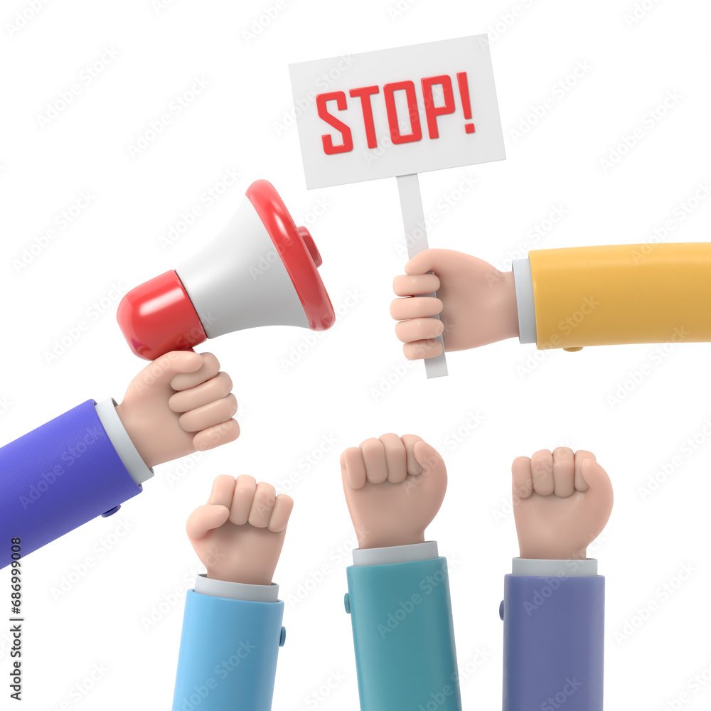 Protest Sign Cartoon Invisible Background Cartoon hands of demonstrants and hand with Megaphone and stop sign ...