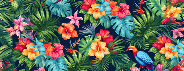 Wall Mural - Tropical exotic pattern with animal and flowers in bright colors and lush vegetation. Ai Generative.