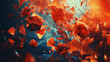Red and orange abstract background with low poly origami flowers.