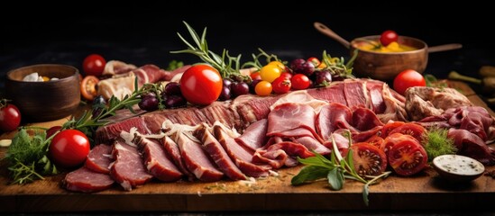 Canvas Print - Meat platter with variety of sliced meats, tomatoes, salad, and vegetables - Cutting cured meat on festive table.