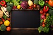 a blackboard with vegetables and fruits