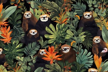 Wall Mural - Tropical exotic pattern with animal and flowers in bright colors and lush vegetation. Ai Generative.