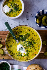 Canvas Print - Polish pickled cucumber soup,traditional  soup with pickles