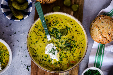 Canvas Print - Polish pickled cucumber soup,traditional  soup with pickles