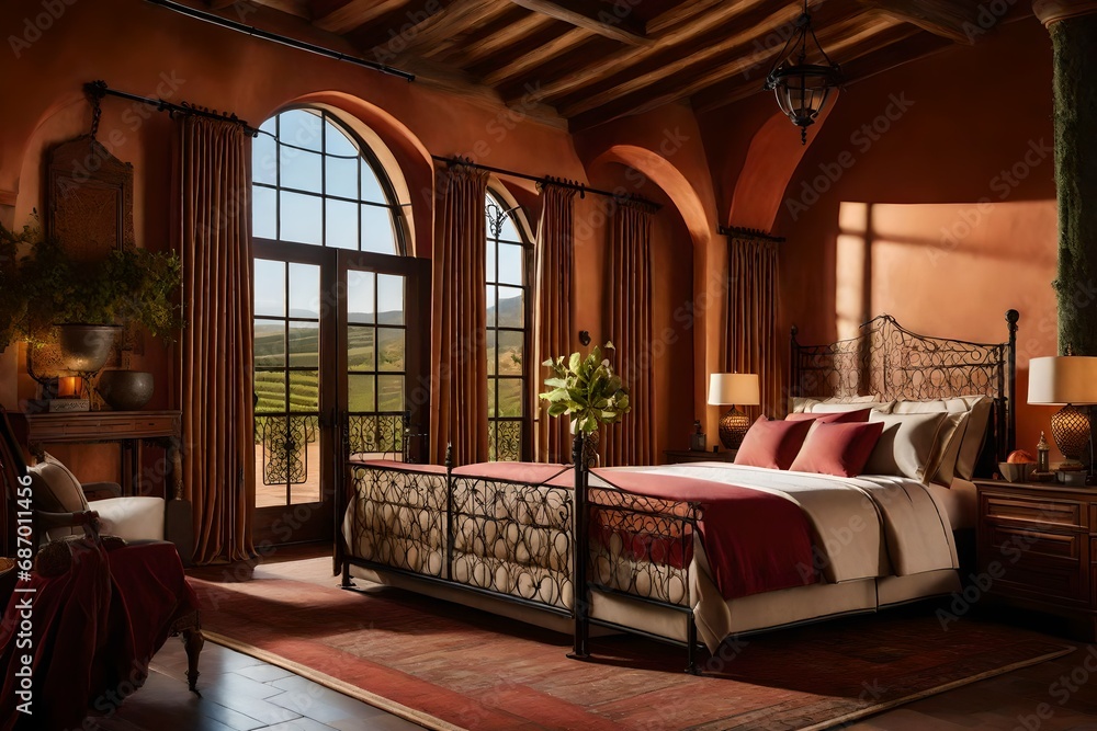 A Tuscan-style bedroom with terracotta walls, wrought iron accents, and ...