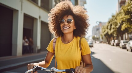 Happy and Smiling Black Female Riding Bicycle On City Street. Generative AI