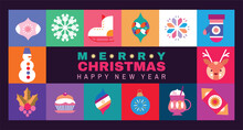Merry Christmas And Happy New Year 2024 Holiday Template Design Banner, Poster, Card, Cover Gifts, Santa, Ball Toy, Christmas Tree, Snowflake Modern Xmas Flat Cartoon Cute Vector Illustration
