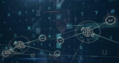 Wall Mural - animation of connected globe and graph icons over multiple words, letters, numbers