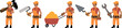 Construction. Collection. A builder in a hard hat holds in his hand a hammer, a wrench, a trowel, a paint roller and a wheelbarrow with sand. Cartoon. Illustration without outline on a transparent bac
