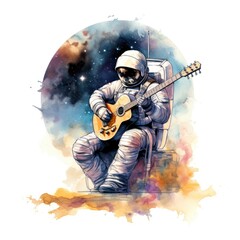 Wall Mural - watercolor astronaut playing guitar on a white background. Generative AI