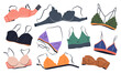 Set of bra, underwear for women. Fashion collection with various types of underclothing. isolated hand drawn cartoon vector illustrations with colorful lingerie on white background.