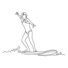 Wall Mural - Continuous single line sketch drawing of professional surfing athlete woman ride surfboard on big wave. One line art of extreme sport surfer on beach summer vector illustration