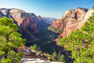 Zion National Park, Utah, USA. Beautiful landscapes, primeval nature, views of incredibly picturesque rocks and mountains. Concept, tourism, travel, landmark