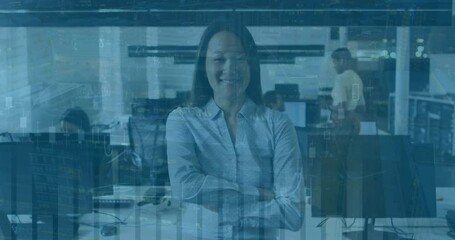 Poster - Animation of multiple graphs over smiling asian woman standing arms crossed in office