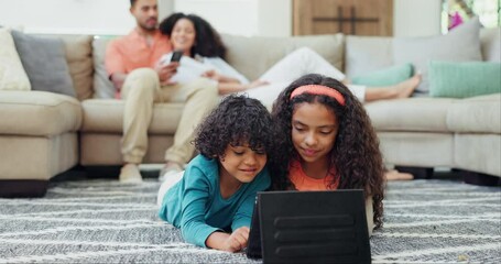 Poster - Children, tablet or gaming with a brother and sister on the living room floor together for bonding. Family, technology or entertainment with boy and girl kids in their home while parents relax