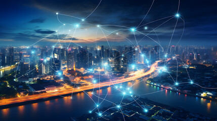 Energy Digitalization Smart city with Wireless network and Connection technology concept with Abstract Bangkok city background. Generative Ai.