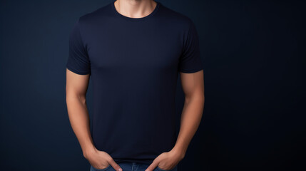 Wall Mural - Man wearing navy blue t-shirt, isolated in dark background