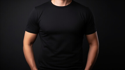 Wall Mural - Man wearing black t-shirt, isolated in dark background