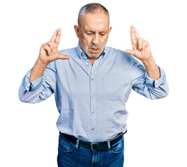 Canvas Print - Senior man with grey hair and beard wearing casual blue shirt gesturing finger crossed smiling with hope and eyes closed. luck and superstitious concept.