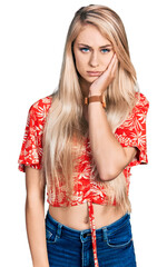 Poster - Beautiful young blonde woman wearing summer shirt thinking looking tired and bored with depression problems with crossed arms.